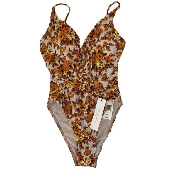 Jonathan Simkhai Ingrid Deep V One Piece Swimsuit 70s Floral Brown Orange XS New - Picture 3 of 14